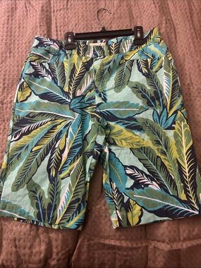 Caribbean Joe Tropical Leaf Bermuda Shorts in Aqua, Teal & Lime